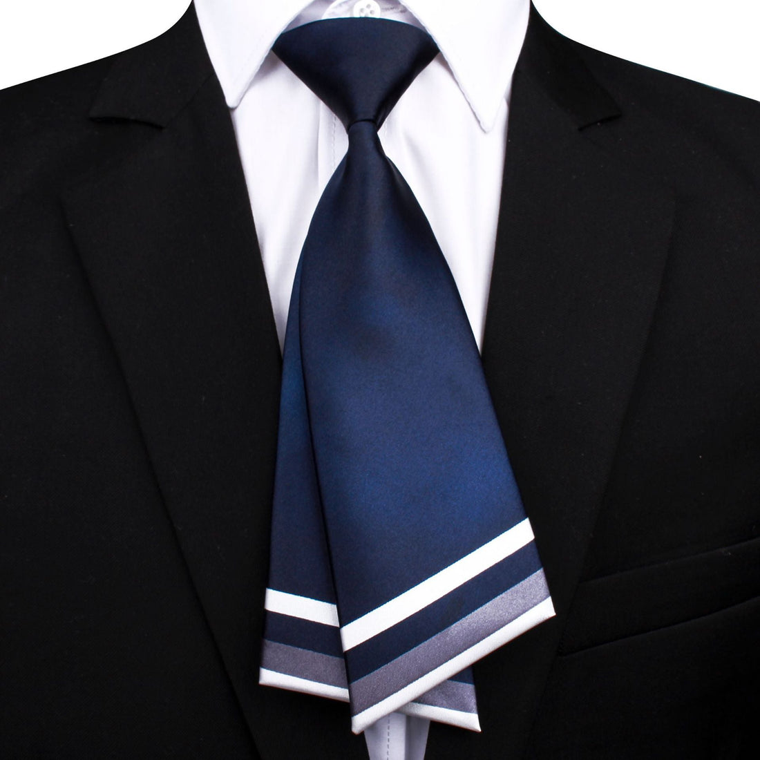 Three pre-tied Japanese school uniform style neckties in navy blue, pink, and dark green, featuring white and grey stripes, against a white background. One navy tie is shown worn with a white shirt and black suit.