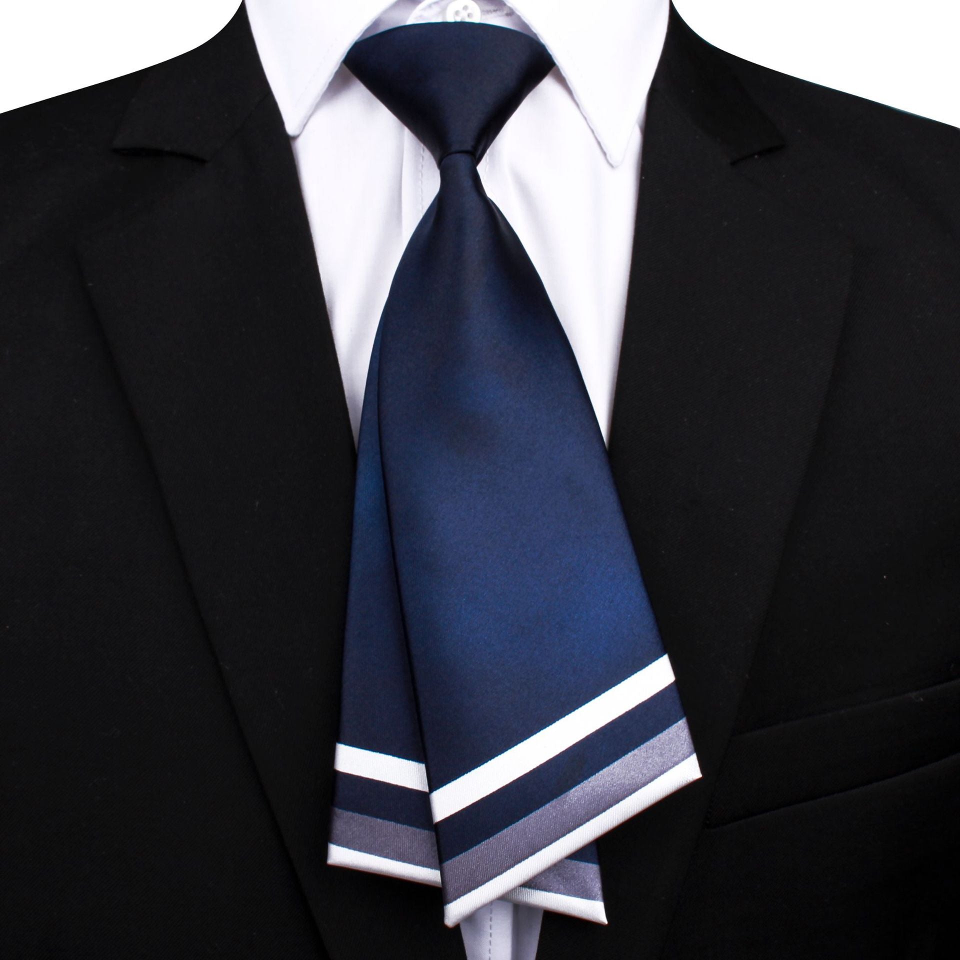 Three pre-tied Japanese school uniform style neckties in navy blue, pink, and dark green, featuring white and grey stripes, against a white background. One navy tie is shown worn with a white shirt and black suit.
