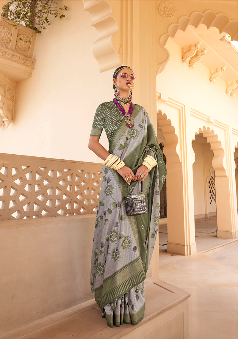 Monjolika Fashion Silk Foil Print Dark Green Contemporary Saree