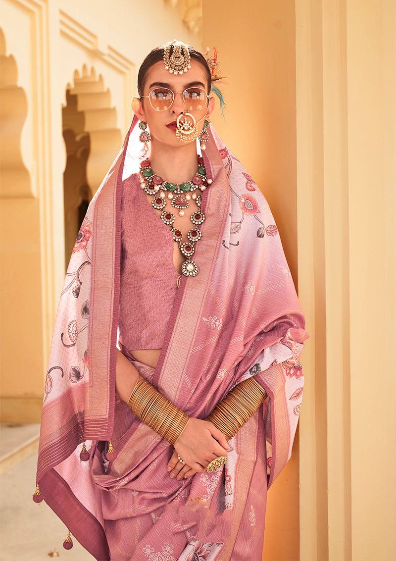 Onion Pink Silk Foil Print Contemporary Saree