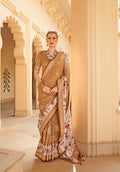 Elegant brown silk saree with modern gold foil print detailing