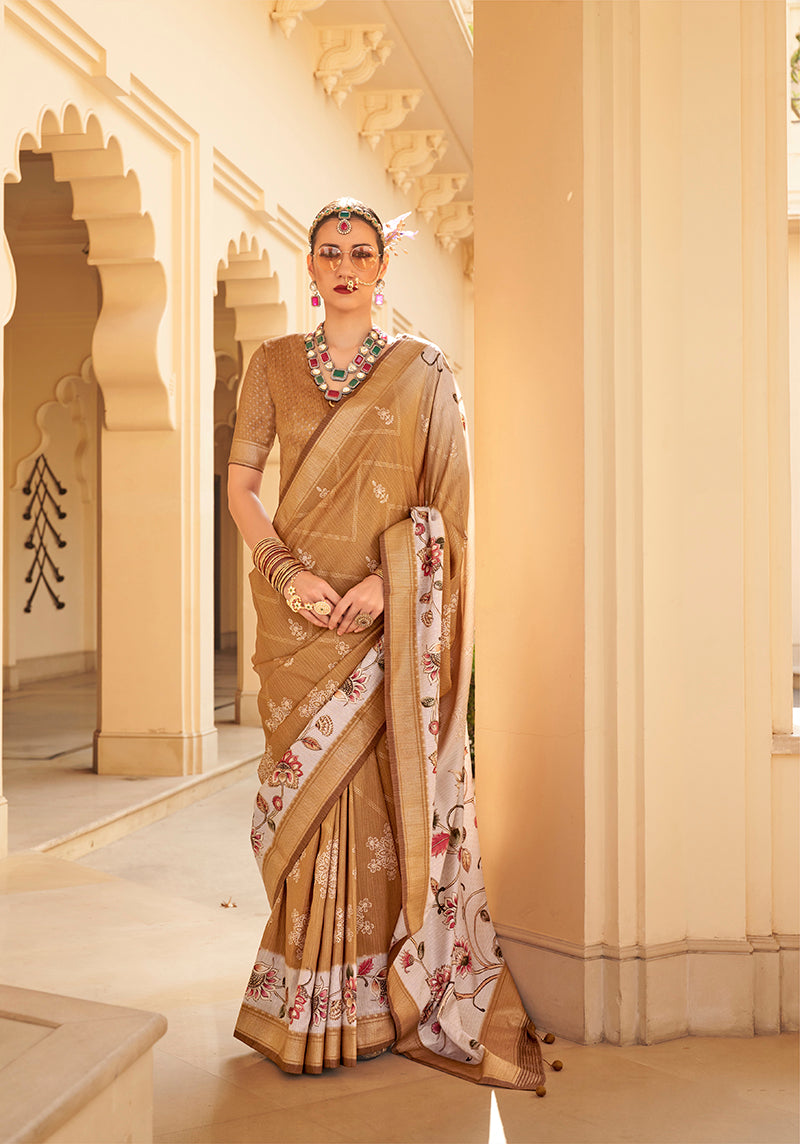 Elegant brown silk saree with modern gold foil print detailing
