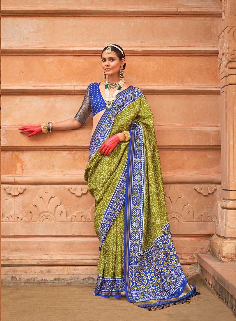 Olive and blue traditional Patola print silk ceremonial saree