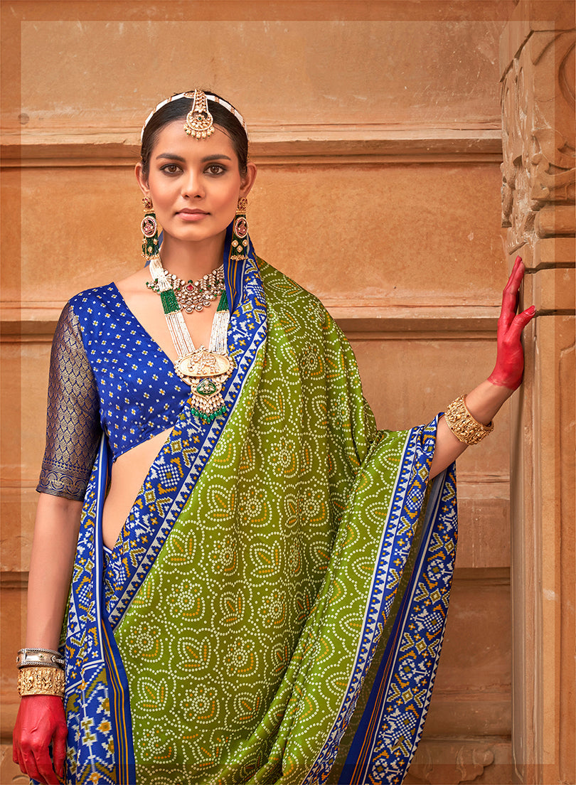 Olive and Blue Patola Print Silk Ceremonial Saree