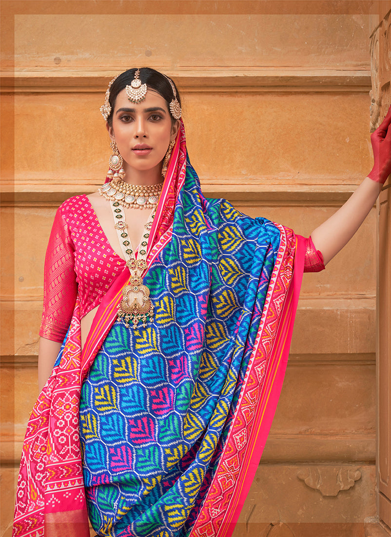 Blue Silk Patola Print Trendy Ceremonial Saree