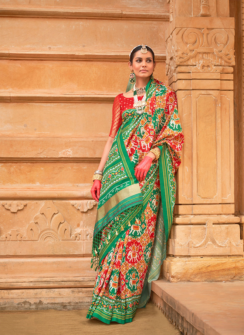 Elegant multi-colour Patola print silk saree with geometric patterns for ceremonial events