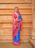Beautiful blue silk saree with intricate traditional Patola print patterns