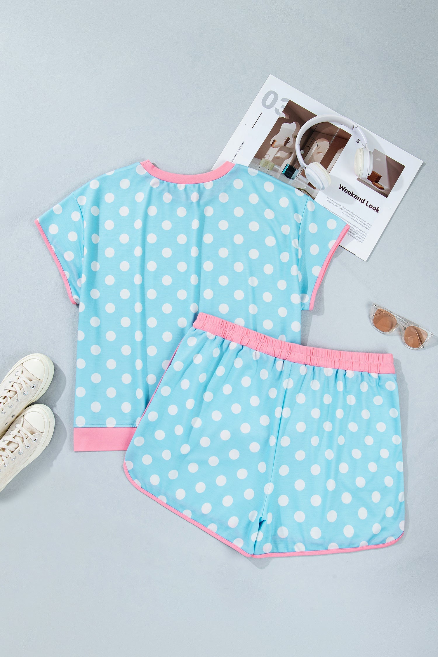 Polka Dot Short Sleeve Lounge Set with Pink Trim in Light Blue