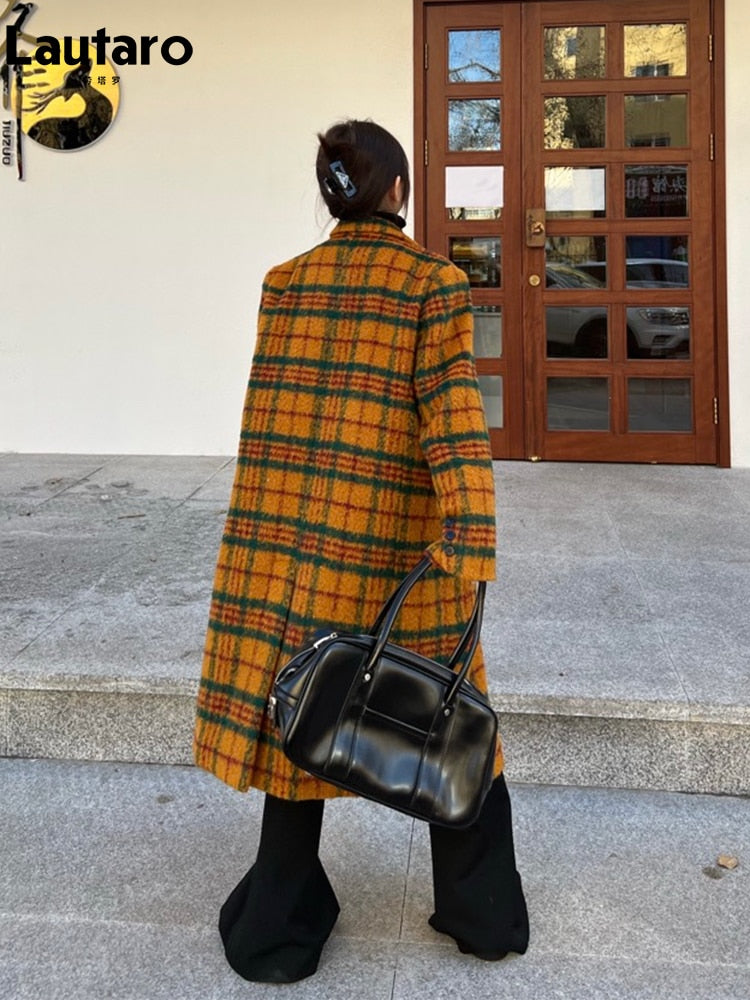Women Retro Colorful Plaid Woolen Trench Coat Harajuku Style - Image 2