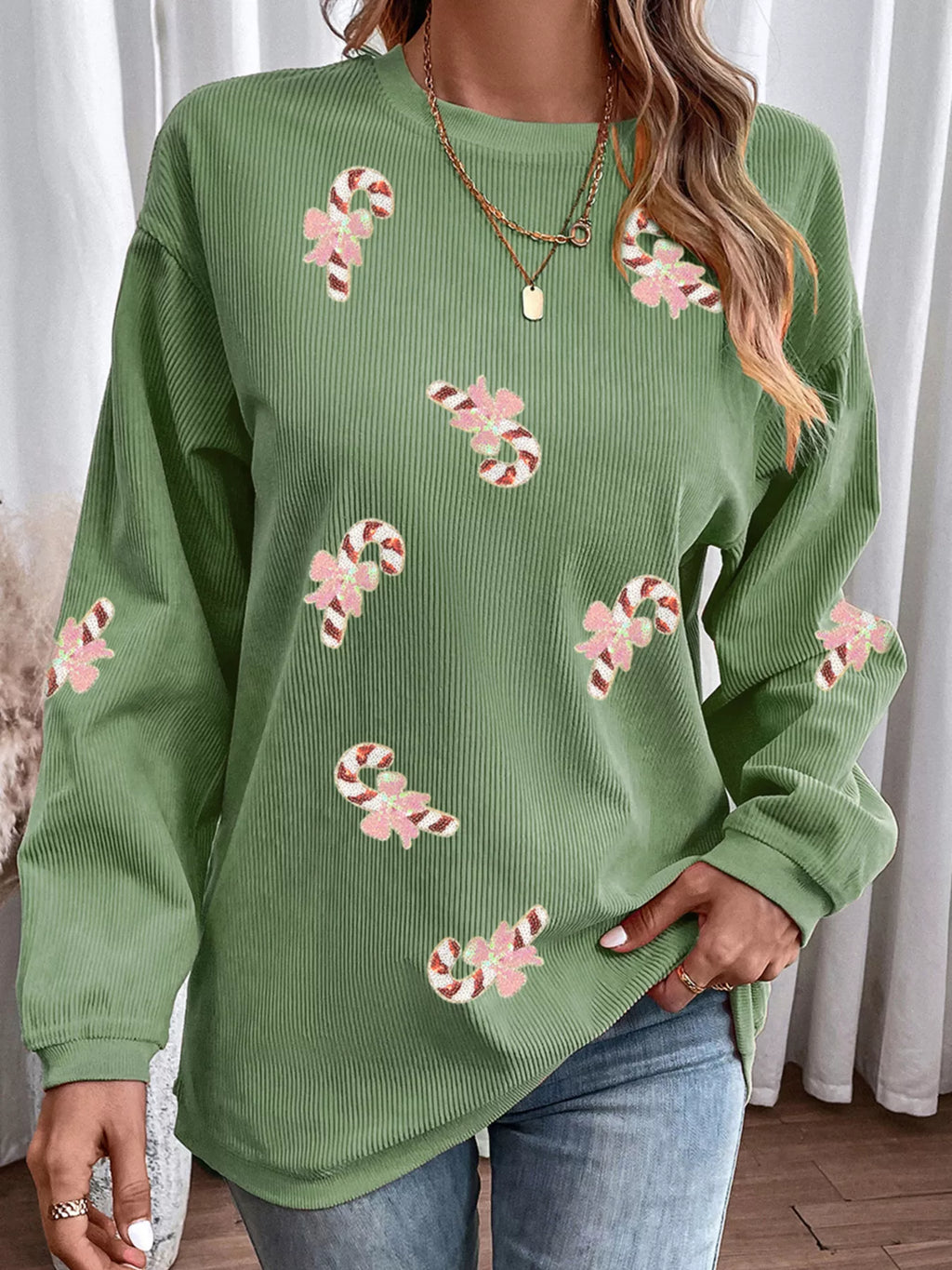 Christmas Sequin Candy Cane Patched Corded Ribbed Baggy Sweatshirt