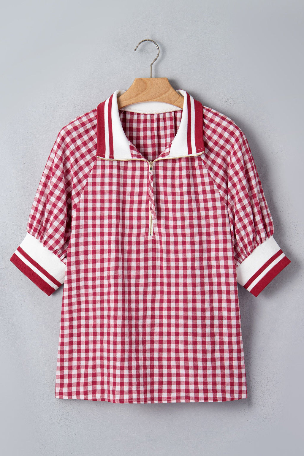 Red White Gingham Stripe Patchwork Half Zip Collared Blouse