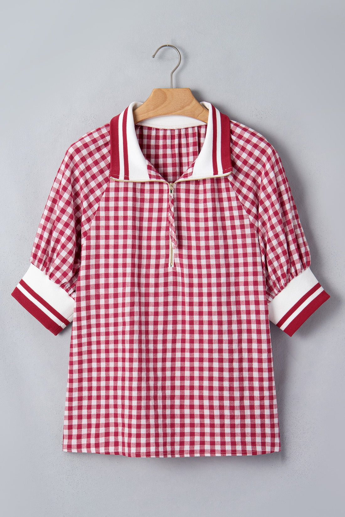 Red White Gingham Stripe Patchwork Half Zip Collared Blouse