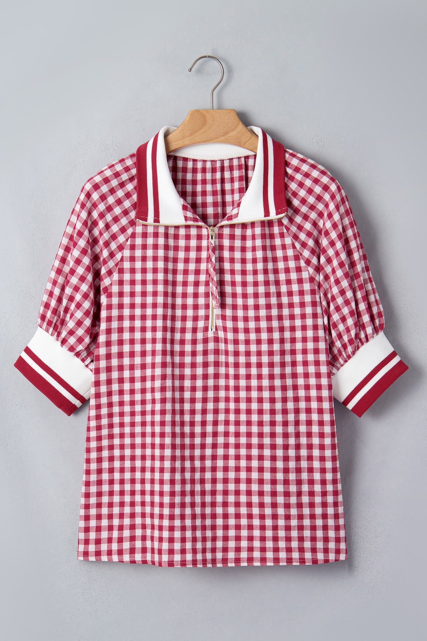 Red White Gingham Stripe Patchwork Half Zip Collared Blouse