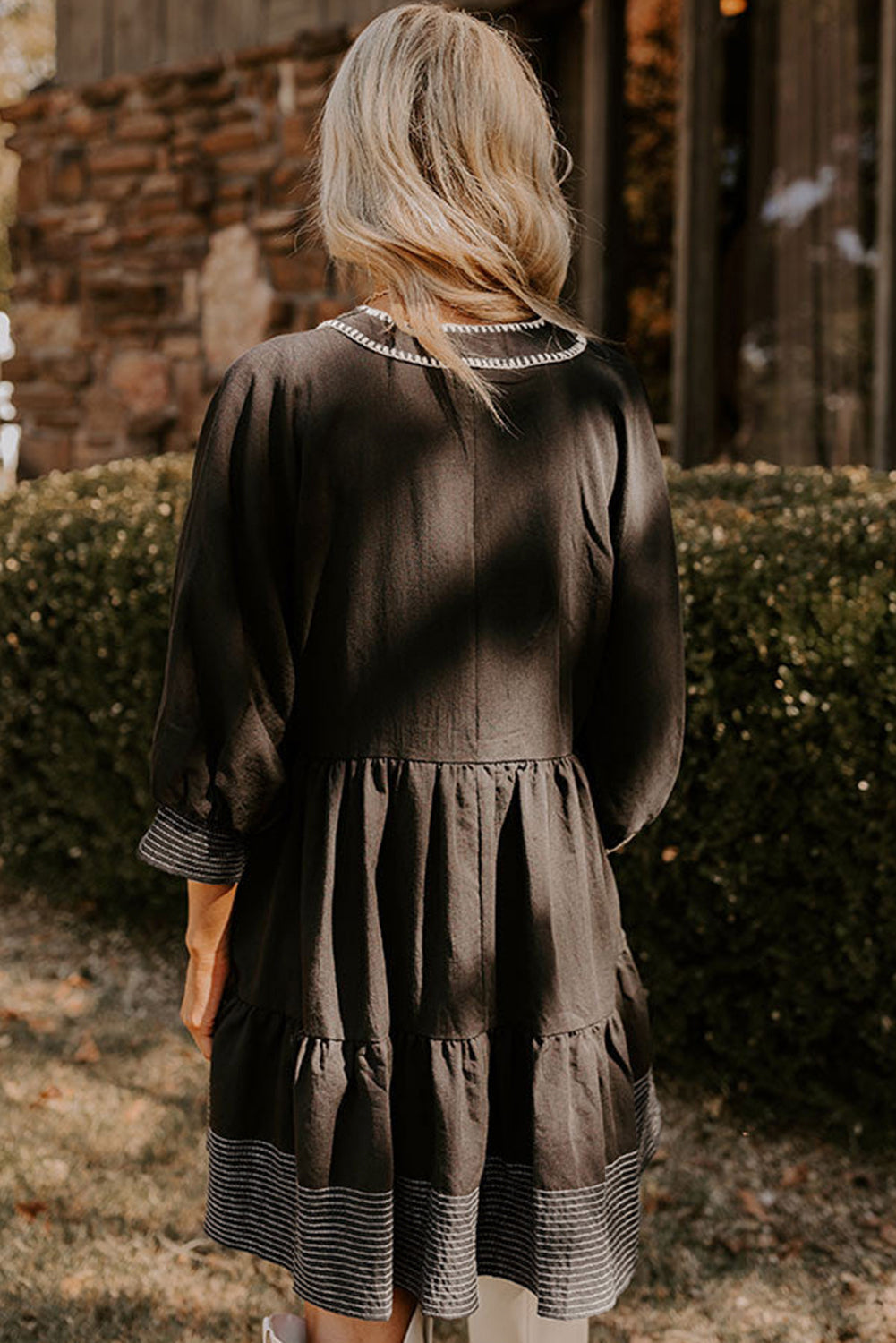 Jungle Green V Neck 3/4 Sleeve Swing Mini Dress