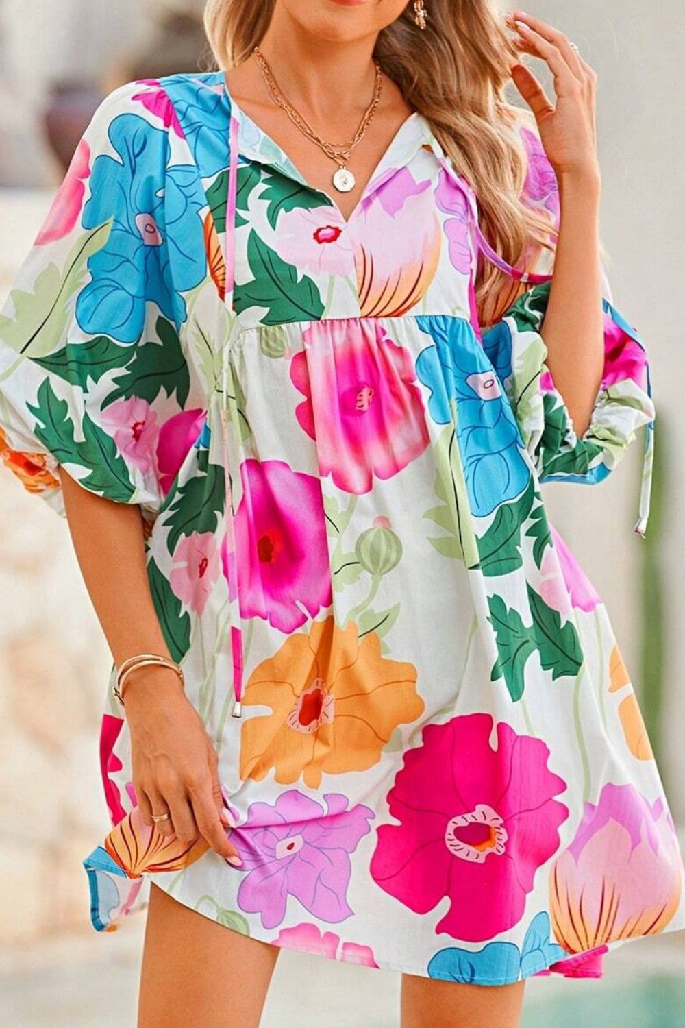 Floral Print Tie-Neck Dress - Elegant Lightweight Midi Dress
