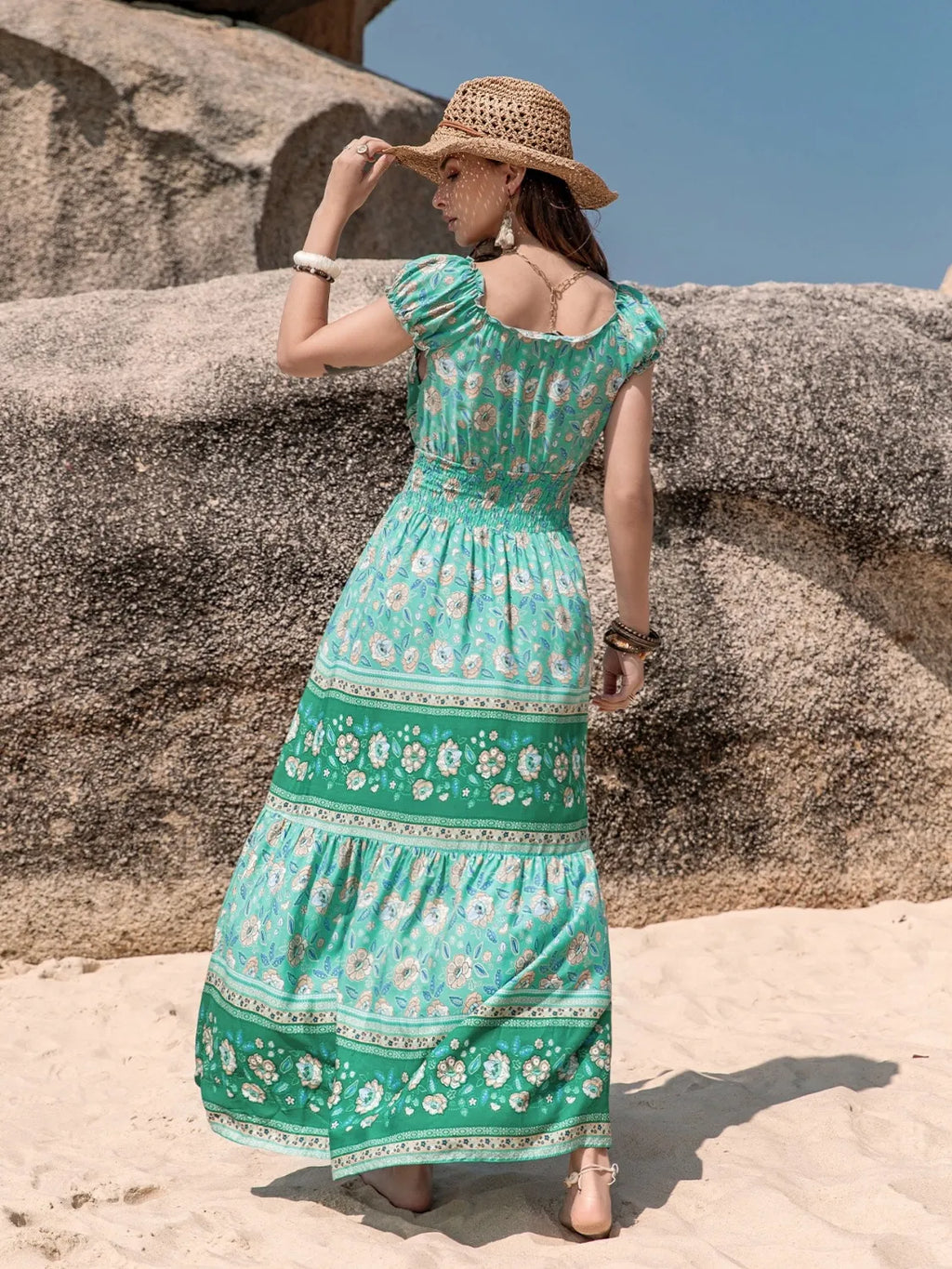 Smocked Printed V-Neck Dress