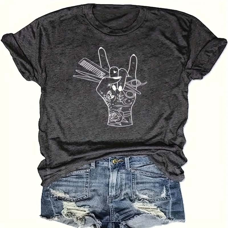 Women's Gray Graphic Print Crew Neck T-Shirt - Edgy Rock-Inspired Tee