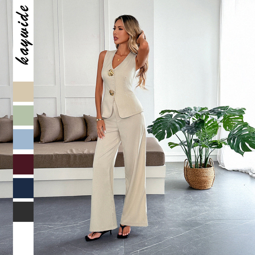 Women's Sleeveless Vest and Straight Leg Pants Two Piece Set