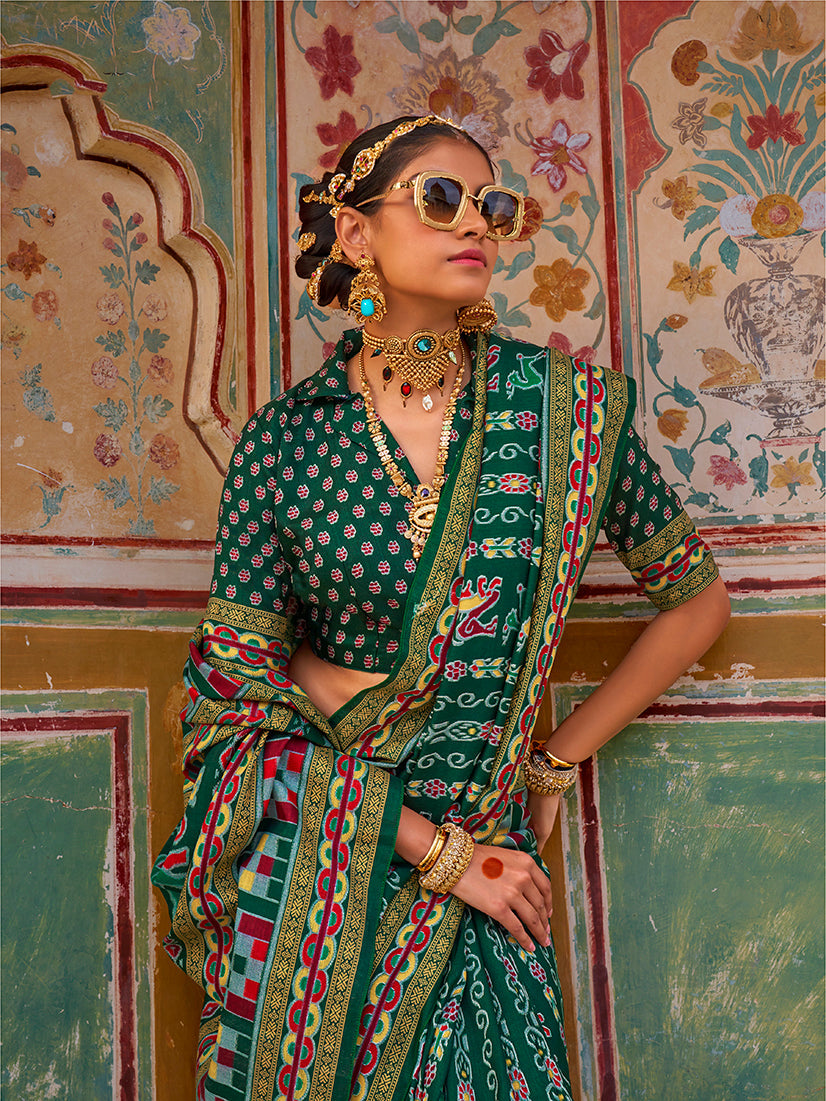 Dark Green Silk Patola Print Saree with Elegant Drape