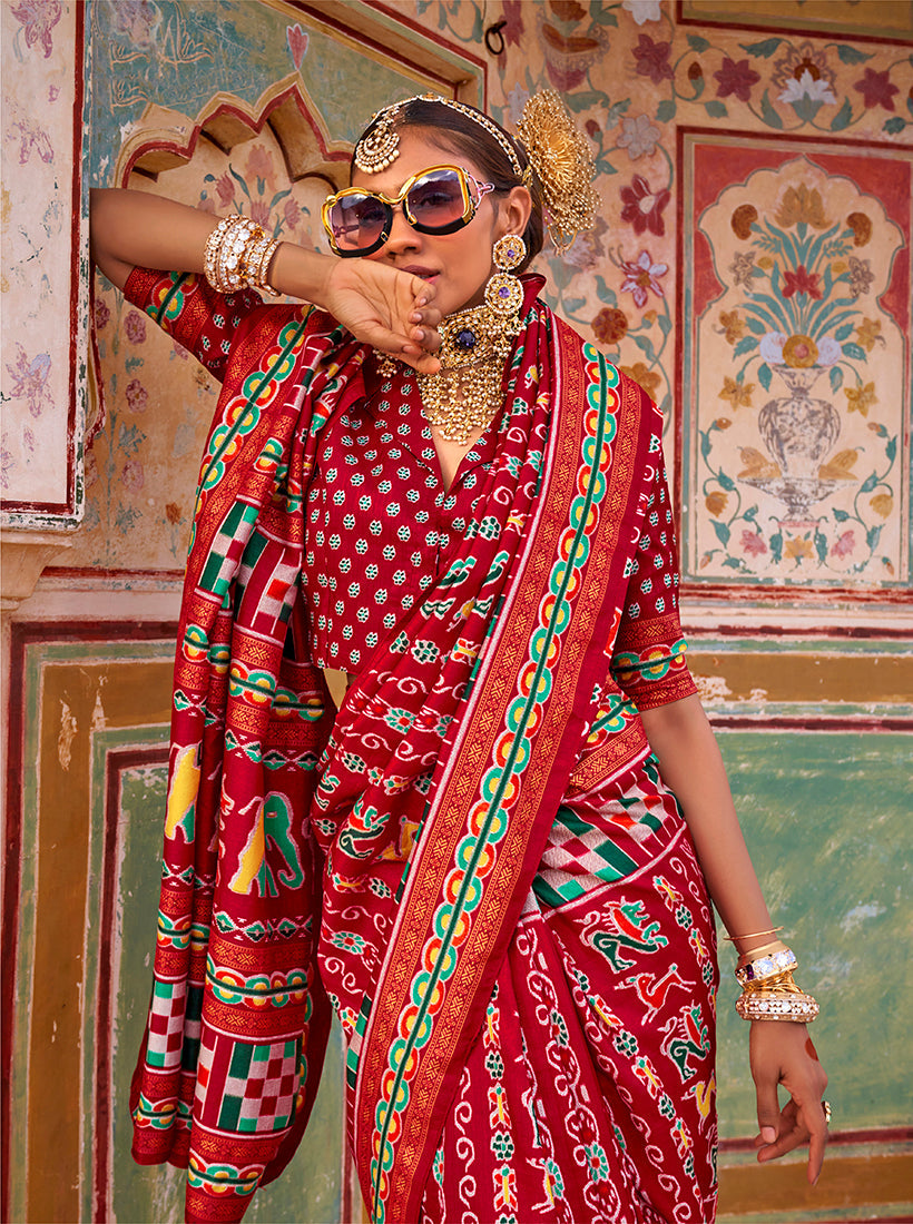 Dark Red Silk Patola Print Trendy Saree for Ethnic Occasions