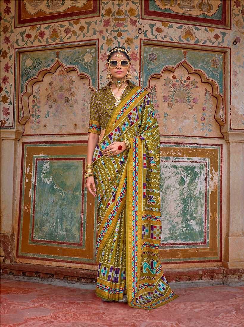 Olive Silk Patola Print Saree for Festive Ethnic Wear
