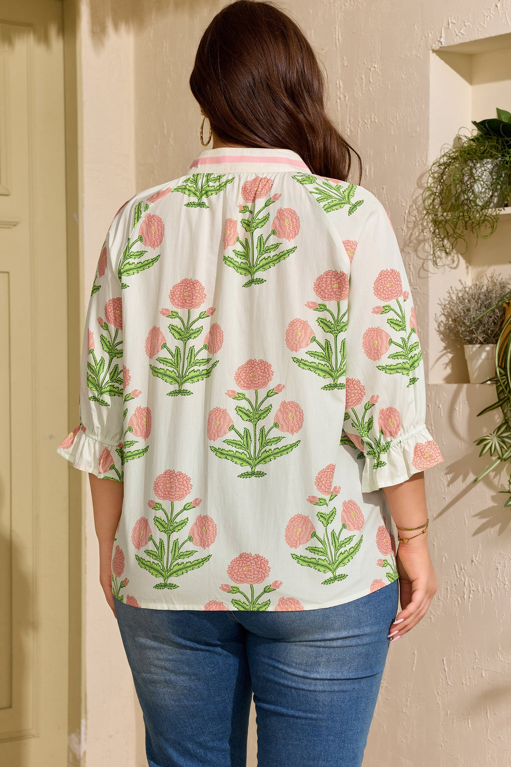 Giuliana Floral Print Blouse with Striped Trim Detail