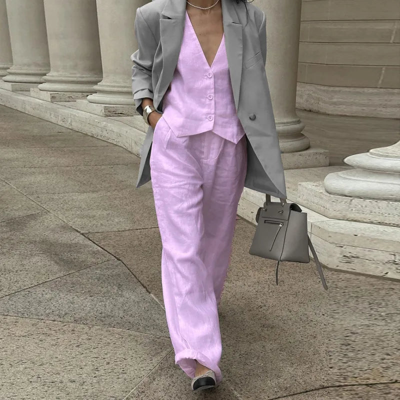 Women’s V-Neck Button-Front Vest and High-Waist Pants Set