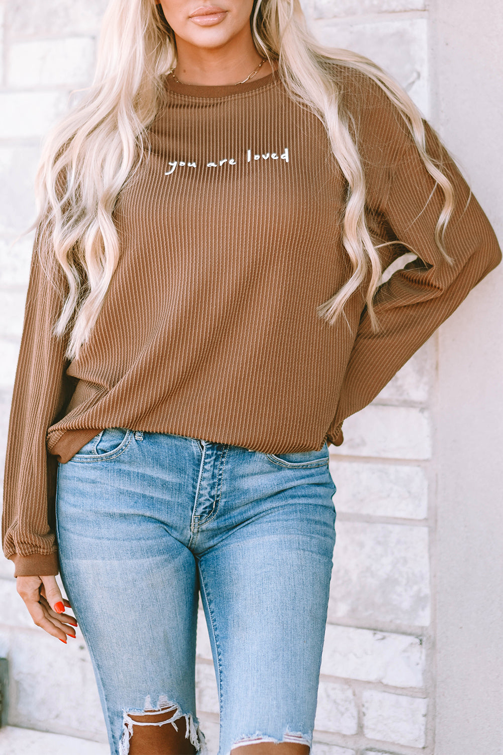 You Are Loved Ribbed Corduroy Long Sleeve Sweatshirt Brown - Image 7