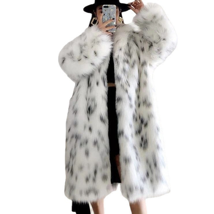 Women White Leopard Faux Fur Long Jacket Harajuku Style Coat - Image 3