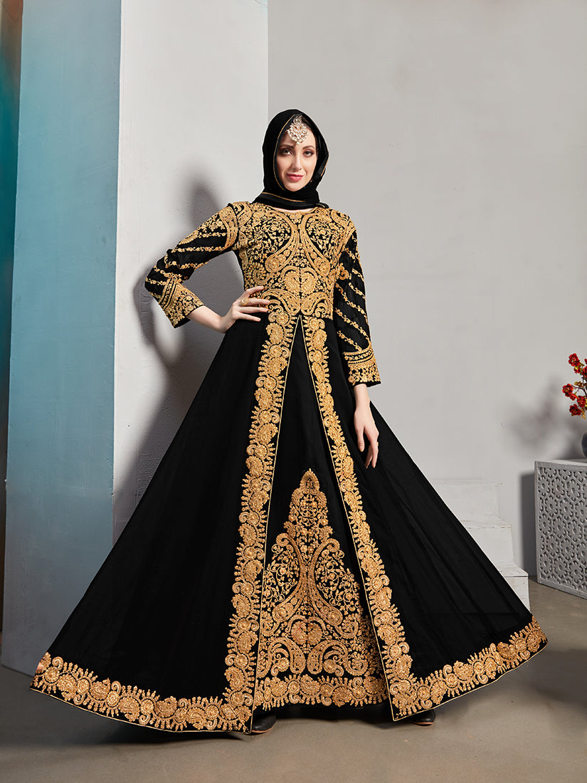 Elegant black embroidered Pakistani Anarkali suit in georgette fabric