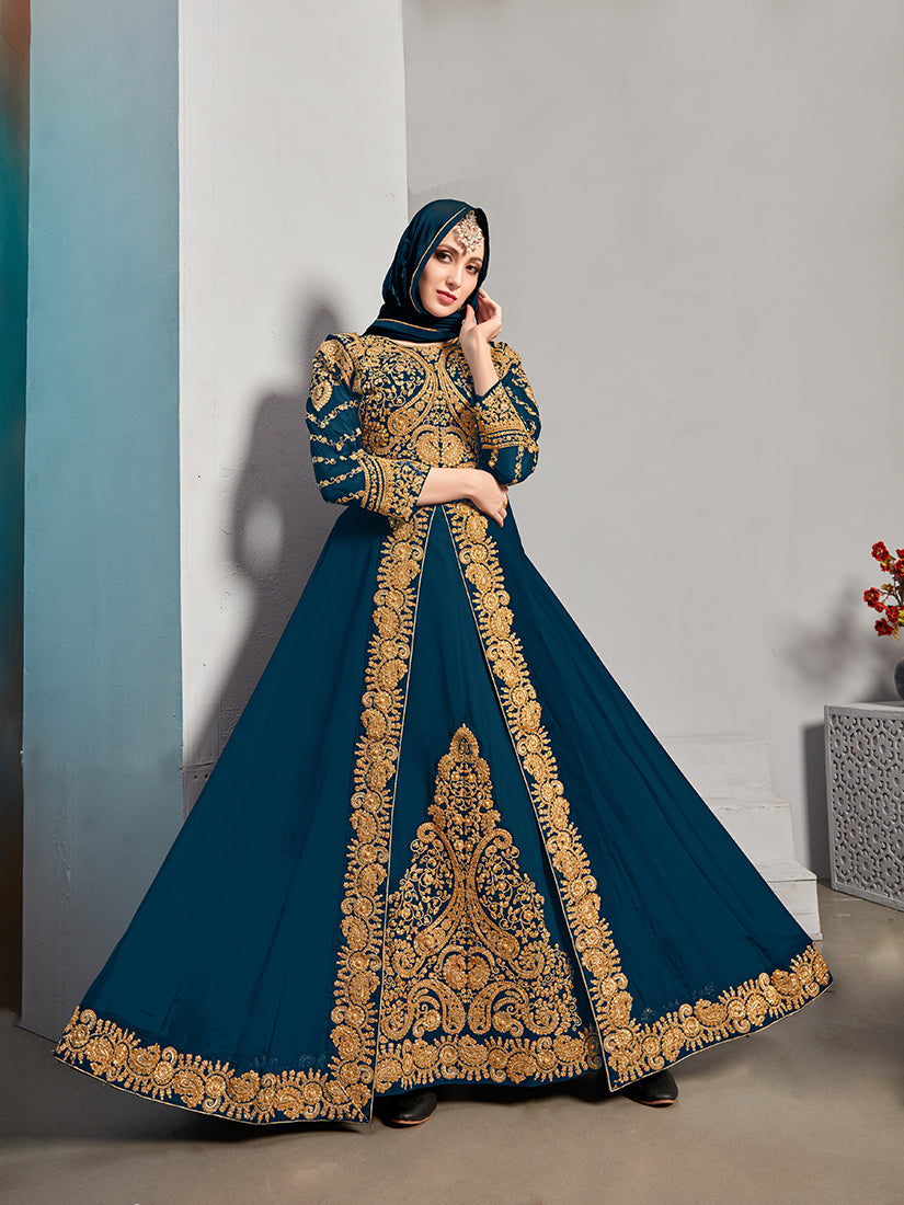 Teal real georgette Pakistani Anarkali suit with embroidery