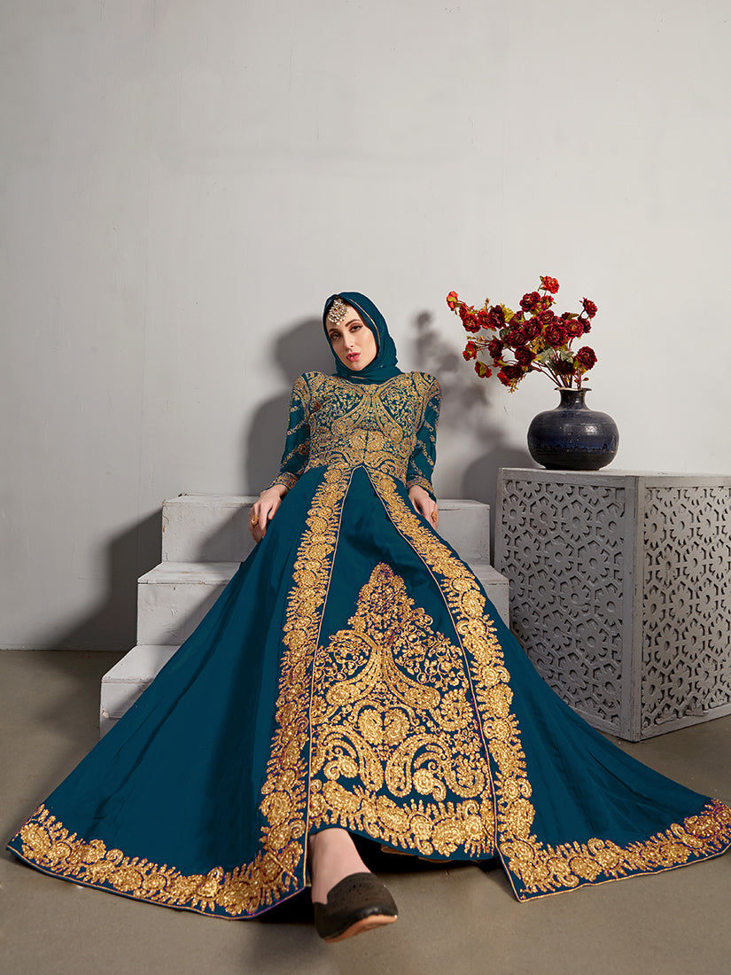 Teal Embroidered Pakistani Anarkali Suit in Real Georgette