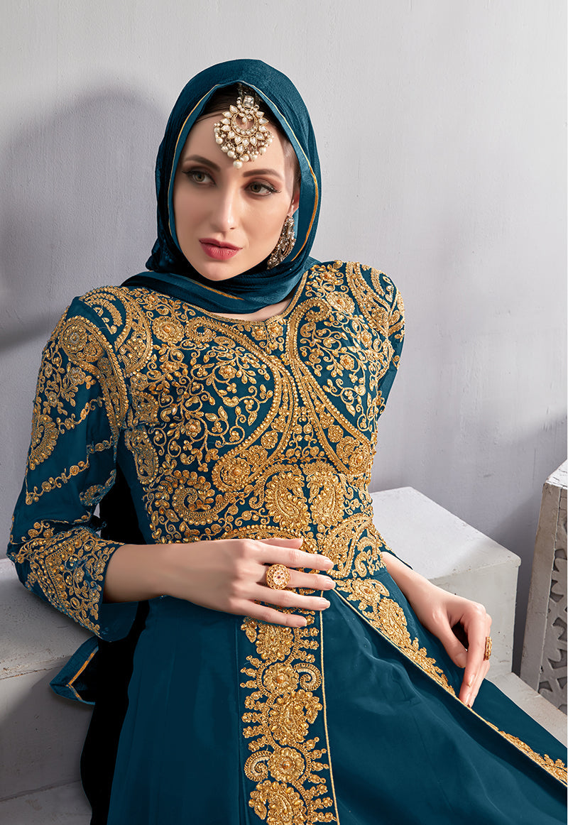 Teal Embroidered Pakistani Anarkali Suit in Real Georgette