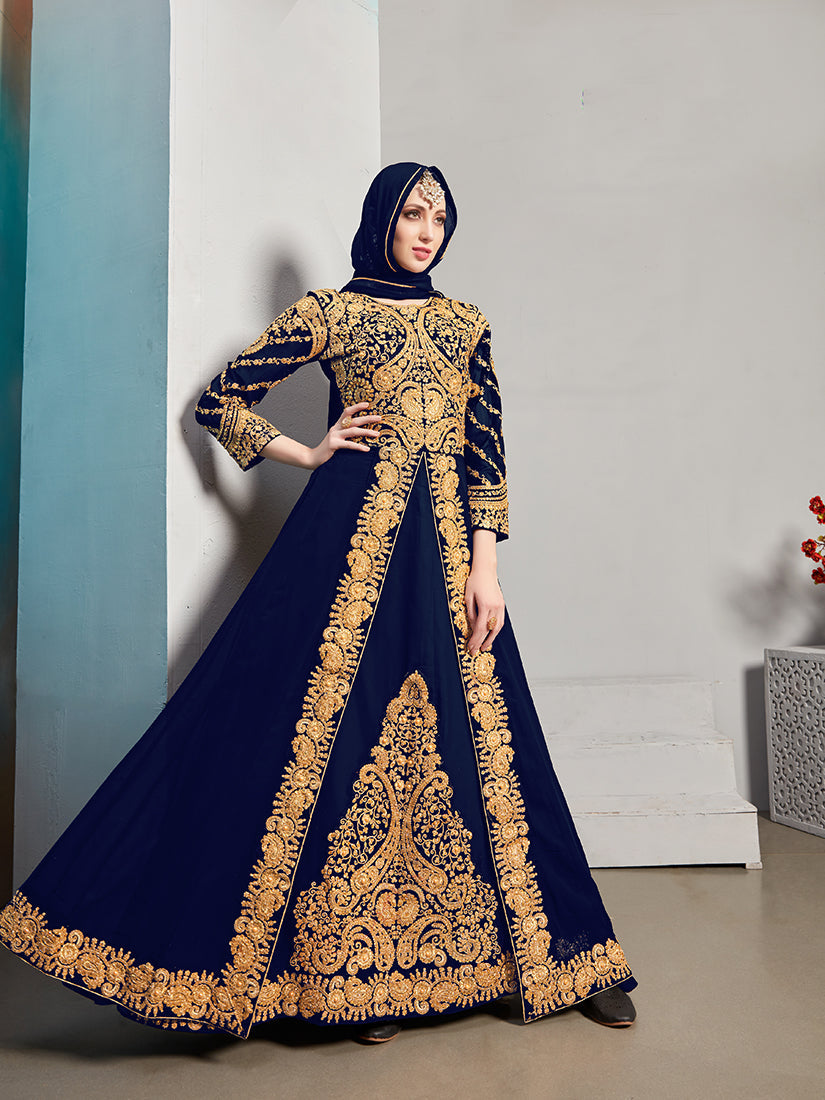 Monjolika Fashion Designer Real Georgette With Embroidered Pakistani Anarkali Suits In Navy Blue Color