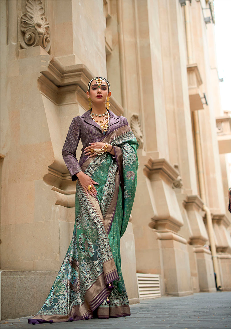 Deep green viscose silk saree with elegant foil print design