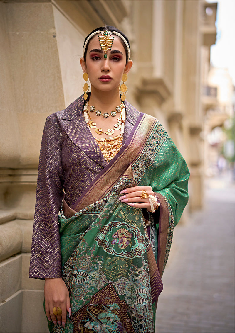 Green Viscose Silk Saree with Foil Print and Elegant Drape