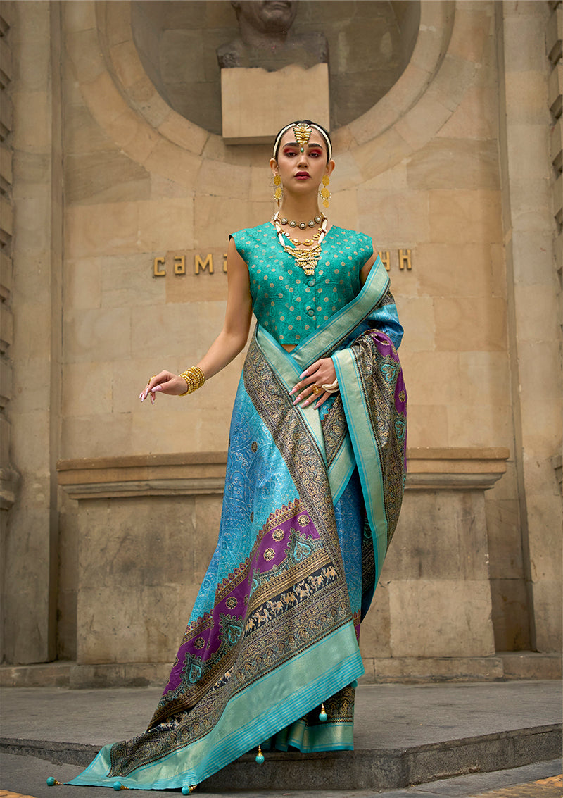 Monjolika Fashion Foil Print Firozi Viscose Silk Classic Saree