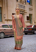 Multicolour viscose silk saree with abstract foil print and green and dusty-rose accents