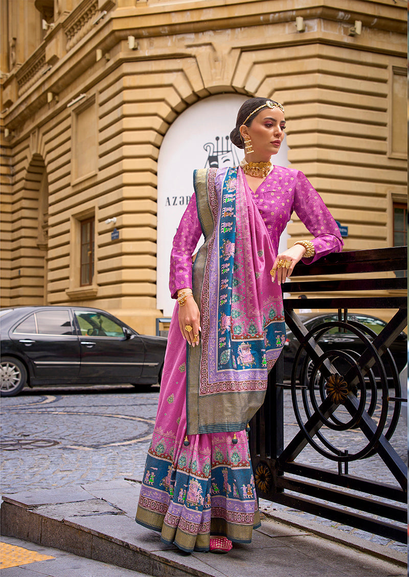 Pink classic saree made of viscose silk with elegant foil print.
