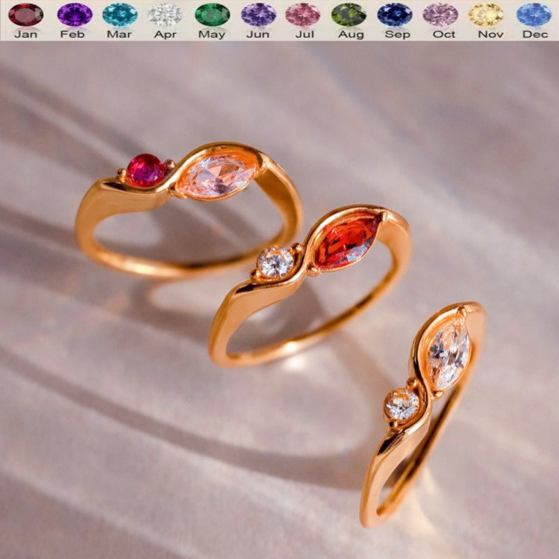 Elegant Wave Birthstone Ring – Custom Couple Ring with Two Stones