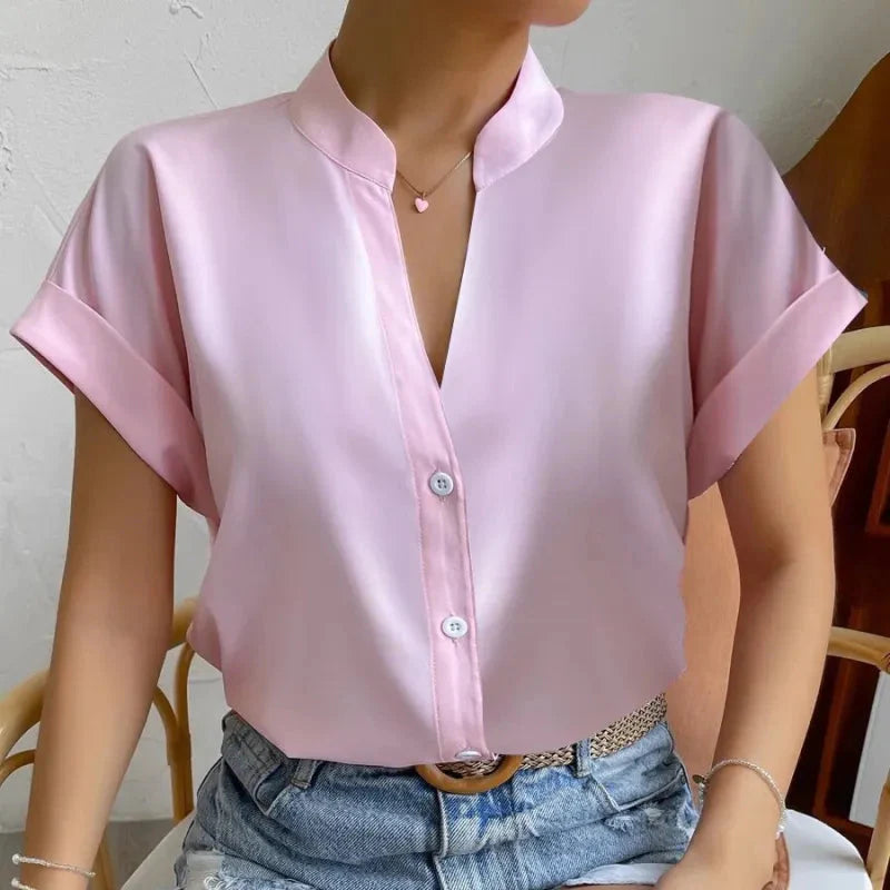 Women's Satin V-Neck Short Sleeve Blouse Elegant Casual Shirt - Image 2