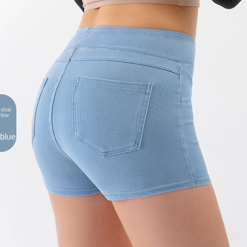 Denim-Look High-Waist Hip-Lifting Yoga Shorts Tummy Control