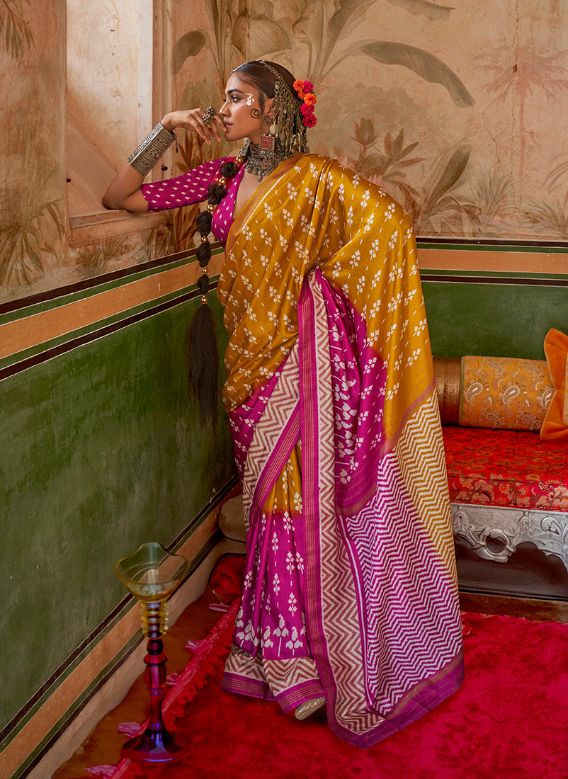 Mustard and magenta Mercerized Sigma Silk saree with aqua finish