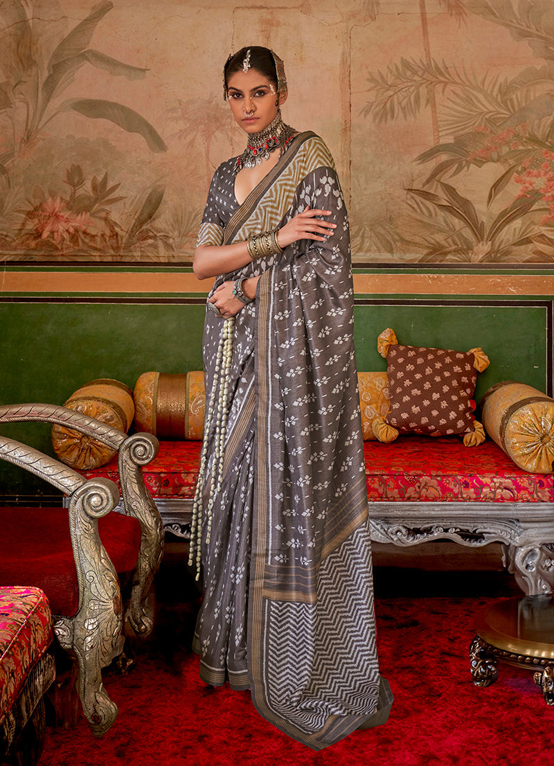 Grey Mercerized Sigma Silk saree with distinct aqua finish
