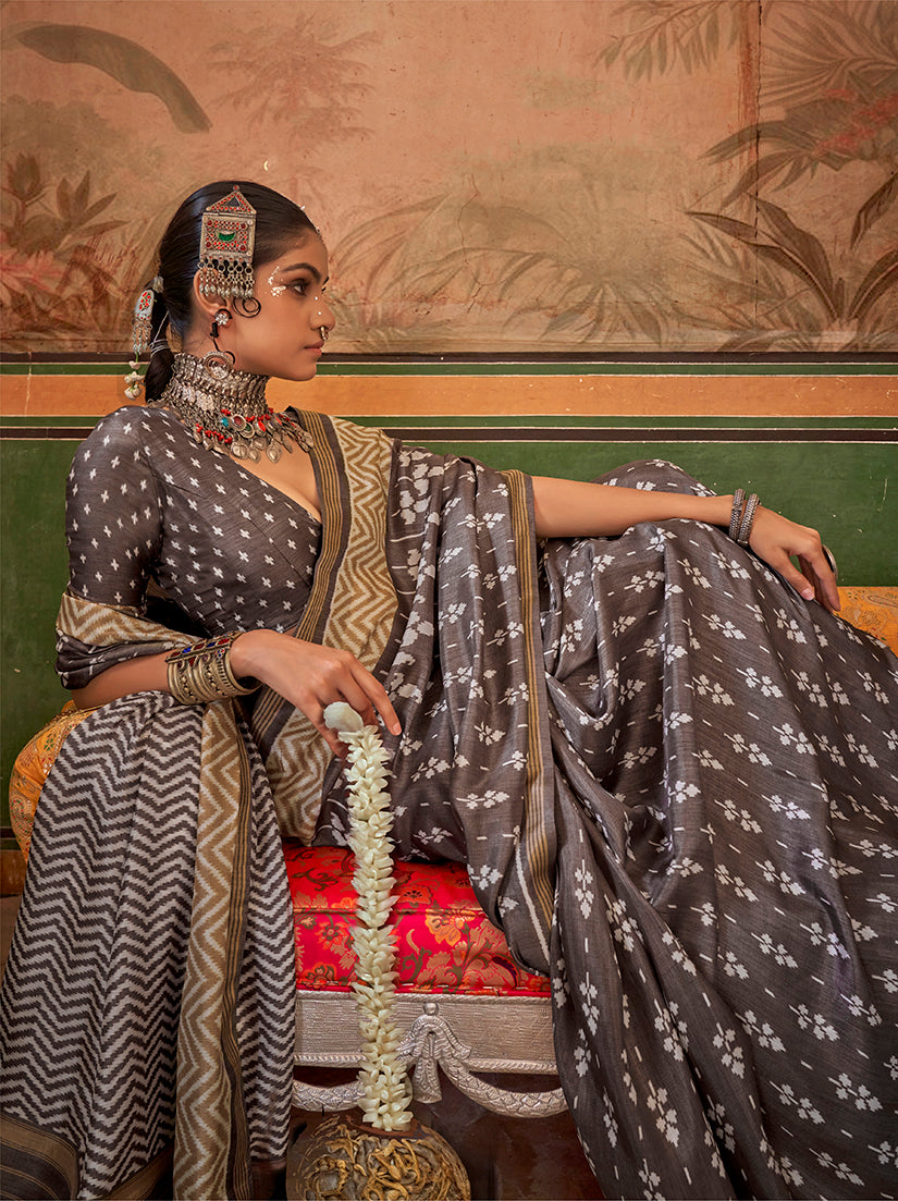 Grey Mercerized Sigma Silk Saree with Aqua Finish