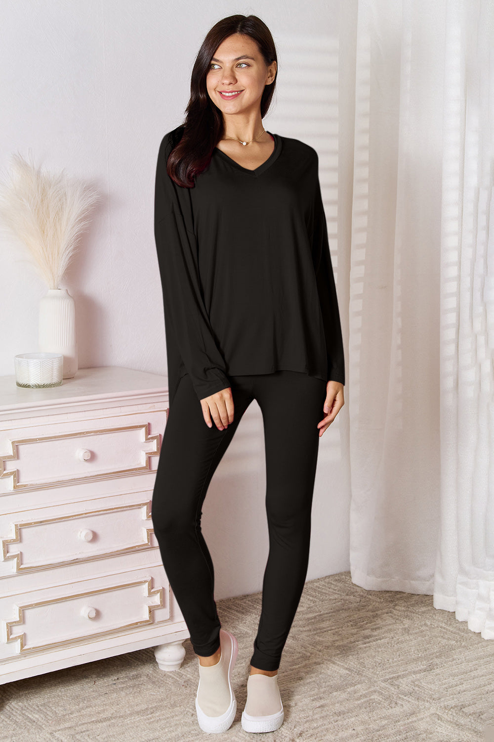 Women's V-Neck Long Sleeve Lounge Set in Soft Rayon Knit