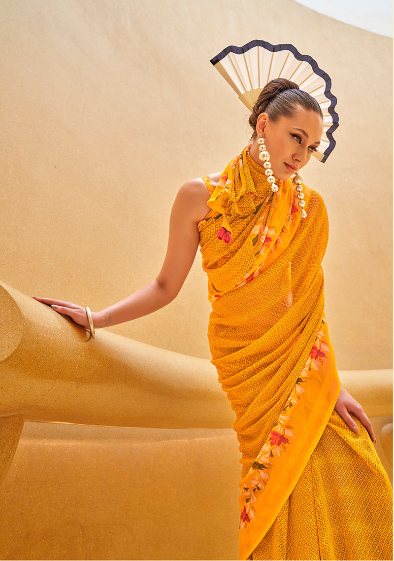 Yellow Printed Georgette Contemporary Saree for Women