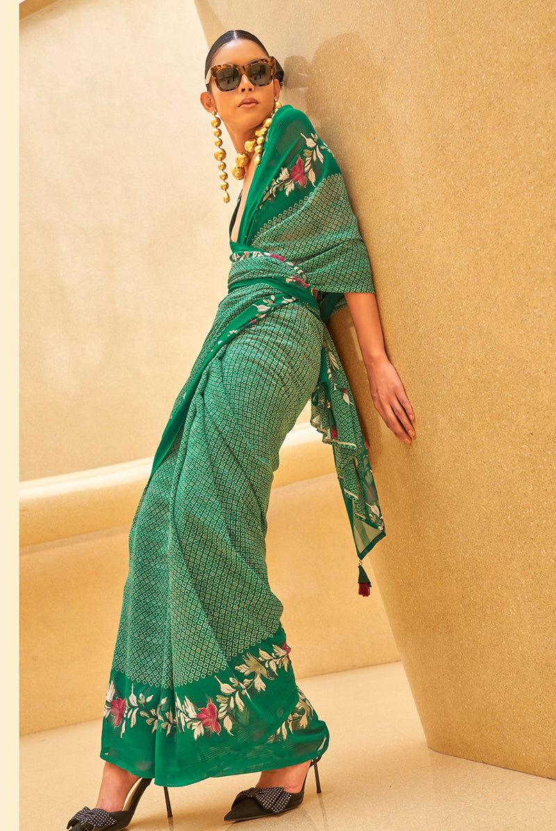 Green Printed Georgette Contemporary Saree for Formal Events