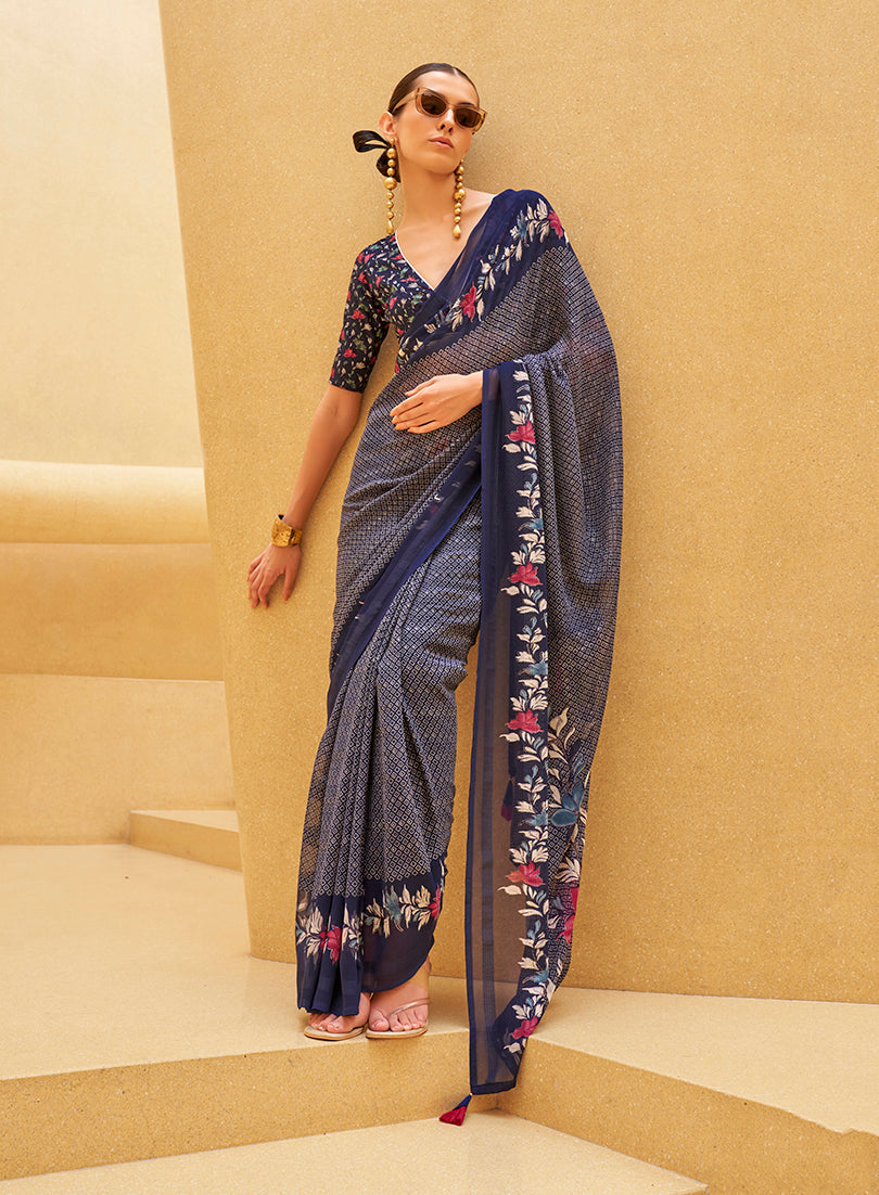 Sophisticated navy blue georgette saree with modern prints