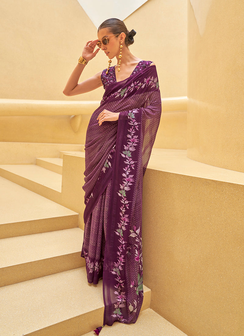 Dark purple contemporary printed georgette saree